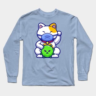 Cute Cat Maneki Neko Wearing Mask With Virus Cartoon Long Sleeve T-Shirt